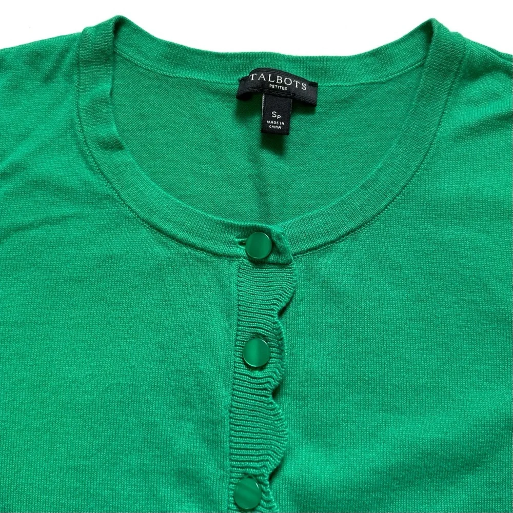 Talbots Kelly Green Cardigan Sweater SP Scalloped Edge Small Petite PS - Picture 6 of 9